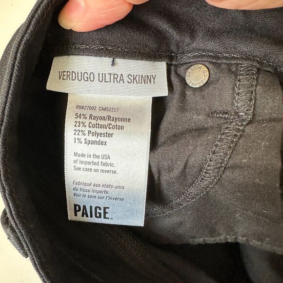 Paige Black Shadow Verdugo Ultra Skinny Jeans 5 Pocket Design Zip Fly Button 27 - Picture 9 of 14